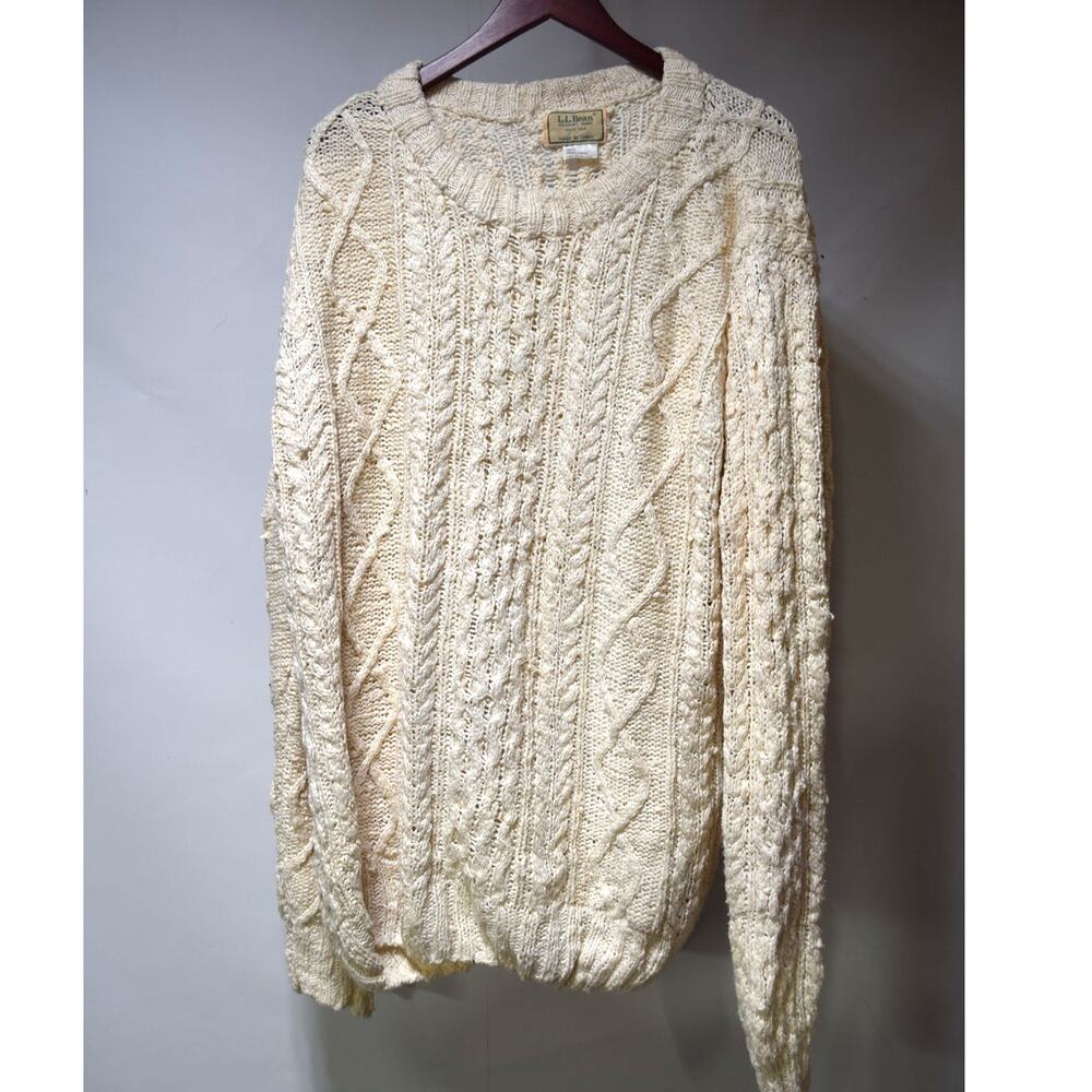 L.L.Bean 100% Silk Cable Knit Fisherman Sweater Men’s XL Cream Aran Pullover